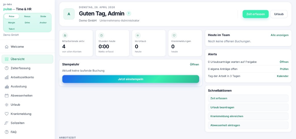 JJO Labs Zeiten Dashboard mit Zeit- und Teamübersicht